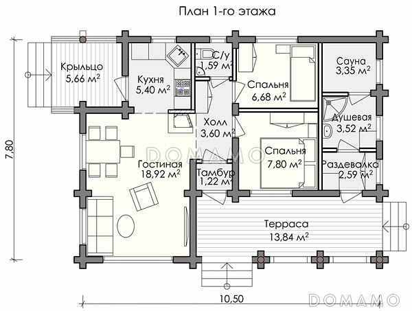 Проект деревянного дома площадью до 100 кв. м из оцилиндрованного бревна / План 1 этажа