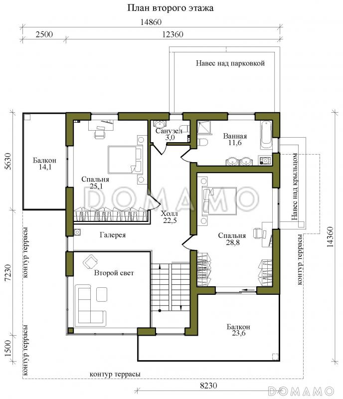 Проект двухэтажного газобетонного дома в стиле хай-тек с масштабным остеклением, вторым светом и спортзалом / План 2 этажа