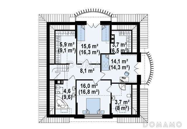 Проект одноэтажного мансардного дома из кирпича с кирпичной облицовкой с двумя балконами и барбекю на террасе / План мансардного этажа
