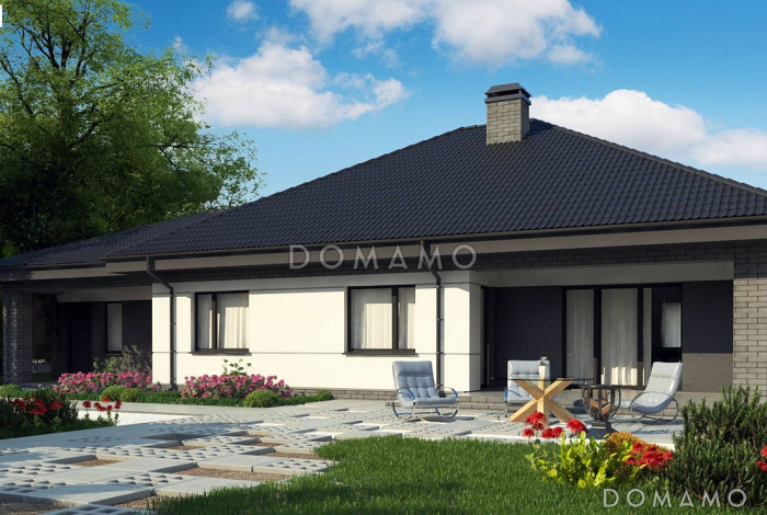 Проект просторного одноэтажного дома из кирпича с гаражом тремя спальнями, с красивыми фасадами