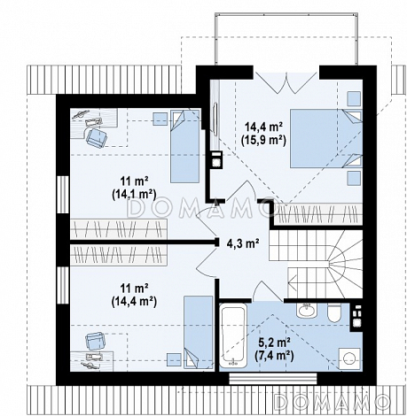 Проект небольшого одноэтажного дома из газобетона с тремя спальнями на мансардном этаже и балконом / План мансардного этажа