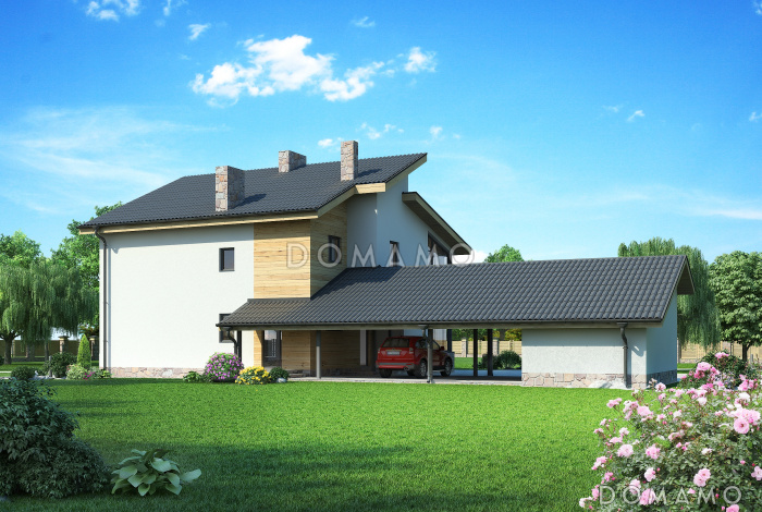 Проект дома с навесом и гаражом для машин, крытой террасой, котельной с отдельным входом с улицы, большой кухней и гостиной, вторым светом