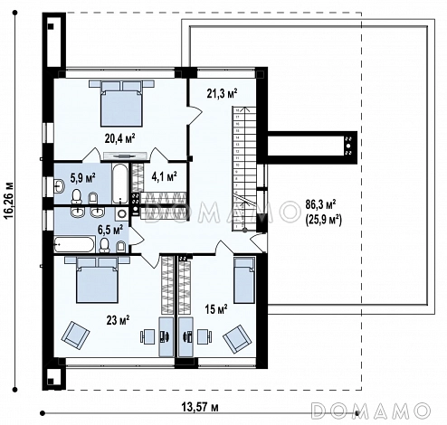 Проект современного двухэтажного дома из кирпича с тремя спальнями, спортзалом, сауной и гаражом для двух автомобилей / План 2 этажа