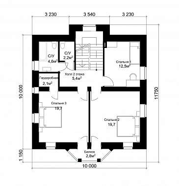 Проект классического коттеджа 10х10 с подвалом / План 2 этажа