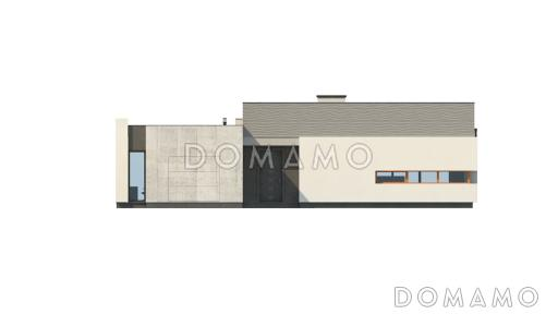 Проект современного одноэтажного дома из кирпича с плоской крышей с тремя спальнями, частично крытой террасой и одноместным гаражом / Фасад 2