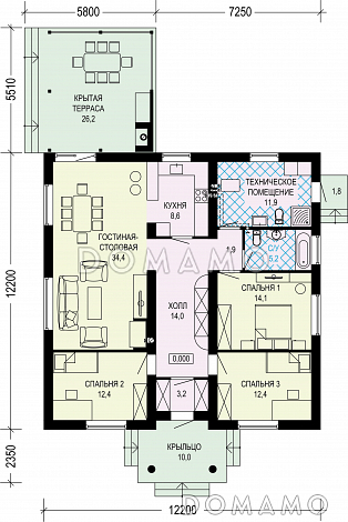 Проект одноэтажного газобетонного дома с террасой-барбекю / План 1 этажа