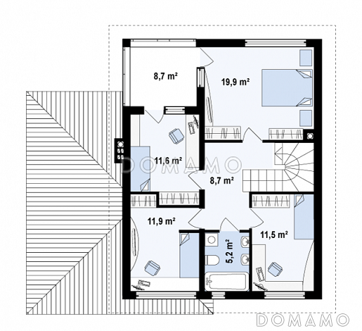 Проект современного двухэтажного дома из газобетона с четырьмя спальнями, кабинетом и пристроенным гаражом / План 2 этажа