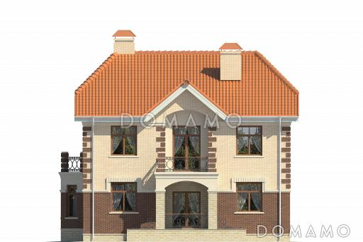 Двухэтажный дом с открытой большой террасой, тремя балконами, эркером / Фасад 1