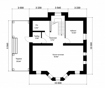 Проект классического коттеджа 10х10 с подвалом / План 1 этажа