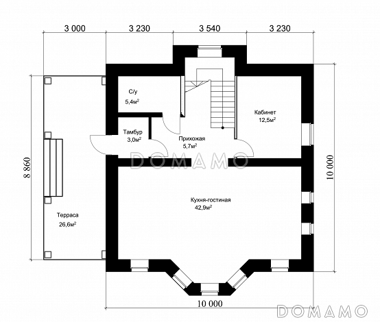 Проект классического коттеджа 10х10 с подвалом / План 1 этажа