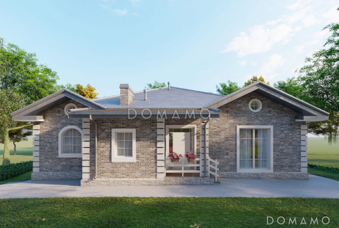 Проект одноэтажного кирпичного дома с 4 спальнями, террасой и столовой-гостиной