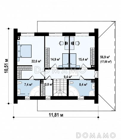 Проект современного двухэтажного дома из газобетона с дополнительной спальней на первом этаже, гаражом и открытой террасой на втором этаже / План 2 этажа