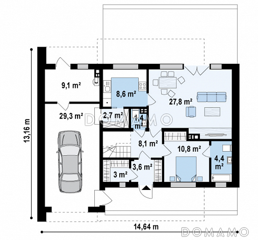 Проект современного двухэтажного дома из газобетона сложной формы с четырьмя спальнями и гаражом / План 1 этажа