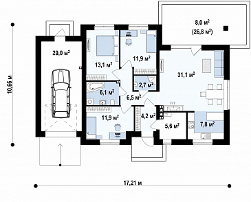 Проект одноэтажного дома из газобетона с тремя спальнями и небольшой крытой угловой террасой, увеличенная версия 273 с гаражом / План 1 этажа