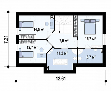 Проект загородного дома с камином в гостиной, террасой, кладовой под лестницей / План мансардного этажа