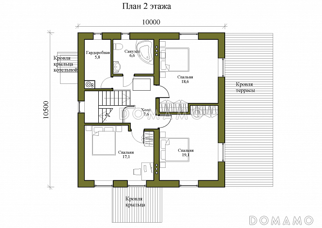 Проект двухэтажного дома с четырьмя спальнями, просторными верандой и гостиной / План 2 этажа
