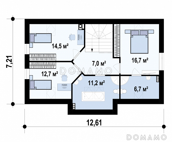 Проект загородного дома с камином в гостиной, террасой, кладовой под лестницей / План мансардного этажа