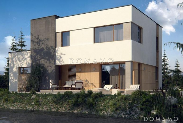 Проект двухэтажного дома с гаражом, кладовой, ванной с угловым окном, террасой