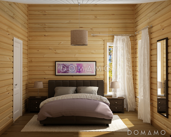 Проект одноэтажного каркасного дома с одной спальней, сауной и крытой террасой