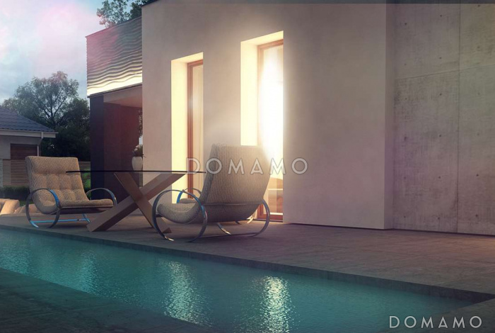 Проект современного одноэтажного дома из кирпича с плоской крышей с тремя спальнями, частично крытой террасой и одноместным гаражом