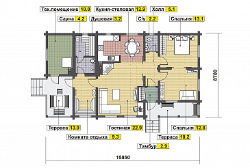 Проект одноэтажного дома с двумя спальнями, комнатой отдыха, гостиной с камином, сауной / План 1 этажа