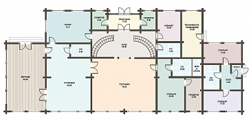 Проект двухэтажного дома из клееного бруса с колоннами и большой верандой / План 1 этажа