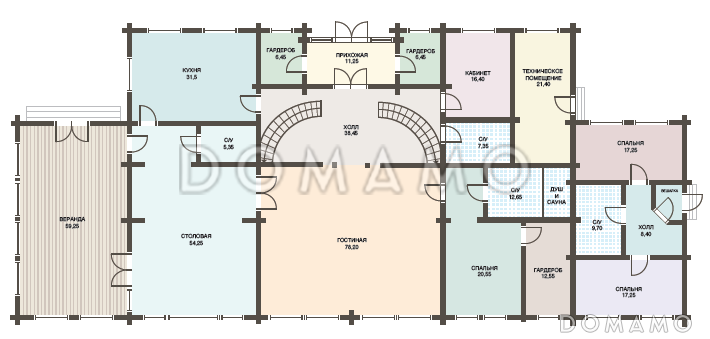Проект двухэтажного дома из клееного бруса с колоннами и большой верандой / План 1 этажа