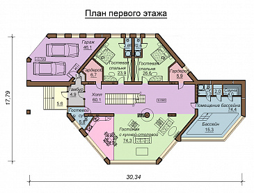 Проект двухэтажного дома с цокольным этажом, гаражом и бассейном / План 1 этажа