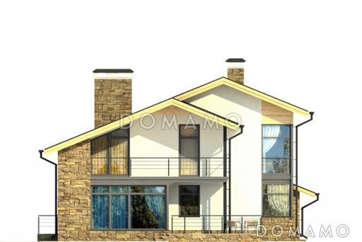 Проект светлого дома с бильярдной и спортзалом в цокольном этаже,  длинным балконом,  панорамными окнами в спальне на мансарде / Фасад 2