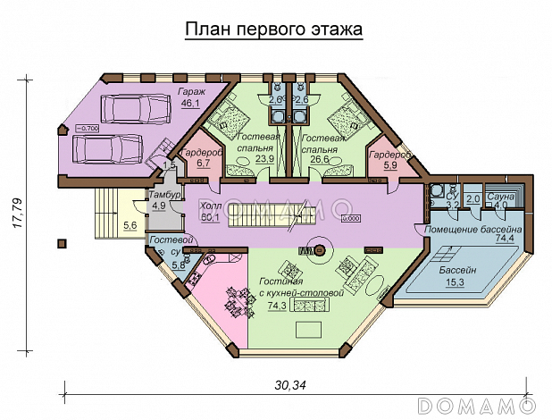 Проект двухэтажного дома с цокольным этажом, гаражом и бассейном / План 1 этажа