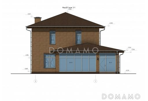 Проект двухэтажного дома с верандой, 4 спальнями, кухней-гостиной и местами для хранения / Фасад 2