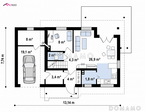 Проект дома из кирпича с мансардой, камином, кабинетом и гаражом / План 1 этажа