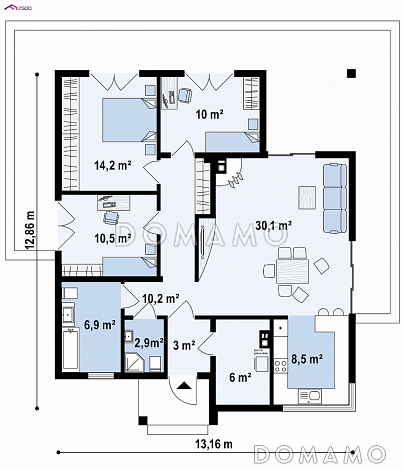 Проект одноэтажного дома из газобетона с тремя спальнями, просторной дневной зоной и большой террасой / План 1 этажа