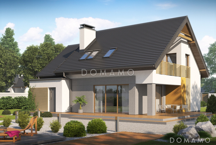 Проект одноэтажного мансардного дома из кирпича с большой гостиной, гаражом и частично крытой террасой