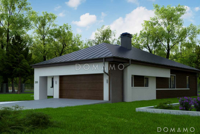 Проект одноэтажного дома из кирпича со стеклянным эркером в более просторной гостиной и гаражом на два автомобиля