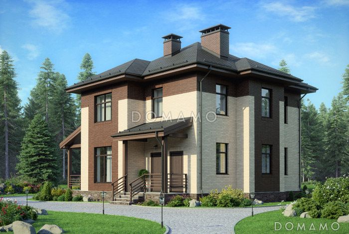 Проект дома с небольшой крытой террасой, эркерами, гостевой на первом этаже, кладовой под лестницей, кабинетом