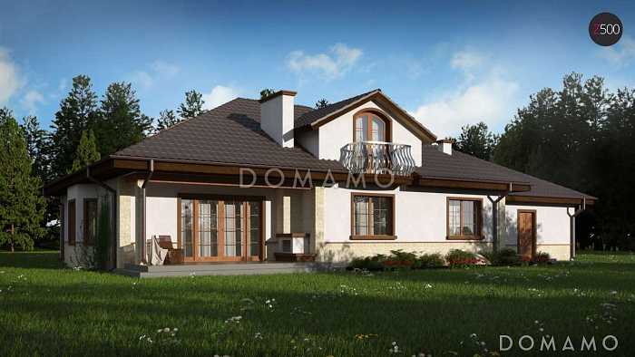 Проект одноэтажного дома из кирпича с мансардой и балконом и гаражом на два автомобиля