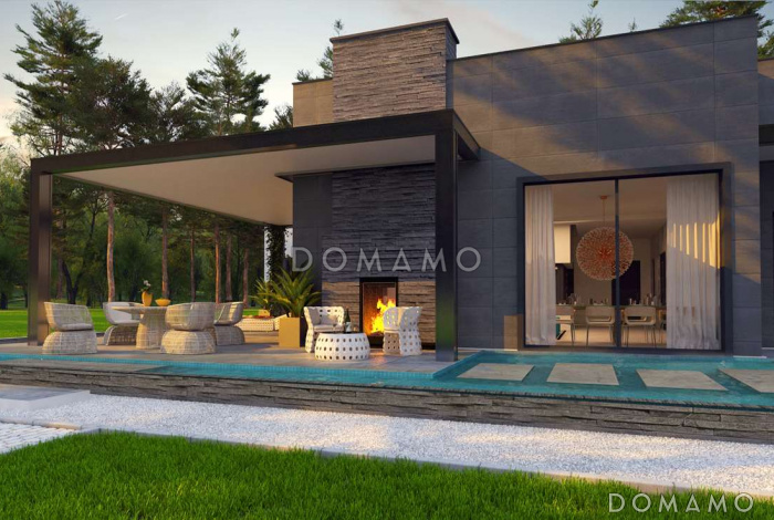 Проект современного одноэтажного дома из газобетона с плоской крышей, с тремя спальнями, большой террасой и навесом