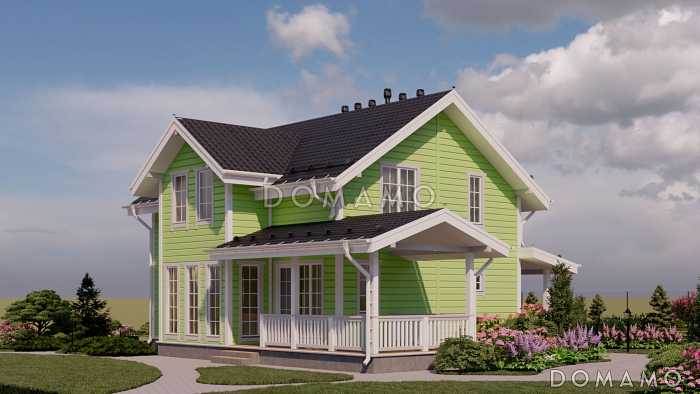 Проект каркасного дома с мансардой, 5 спальнями, гостиной-столовой и крытой террасой