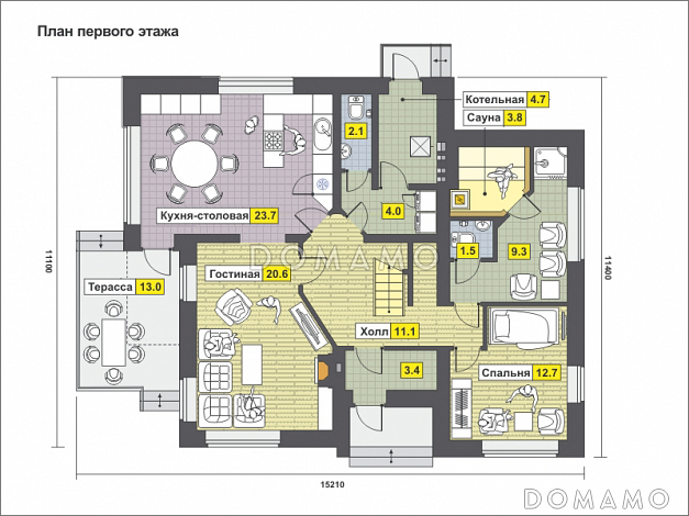 Загородный дом с кухней-столовой, сауной, спальней на первом этаже, террасой / План 1 этажа