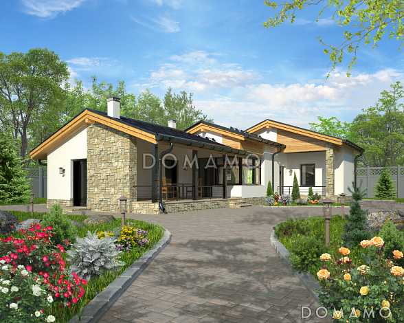 Проект одноэтажного дома из SIP панелей с крытой террасой с барбекю, кладовой, хозблоком, гостиной с камином, парной и комнатой отдыха