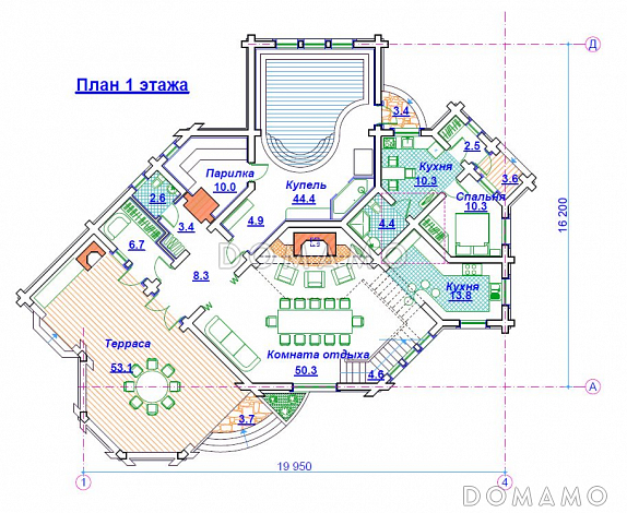 Проект бани с двухсветной гостиной / План 1 этажа