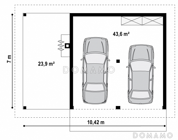 Проект гаража из газобетона для двух авто с отдельными воротами и барбекю на террасе  / План 1 этажа