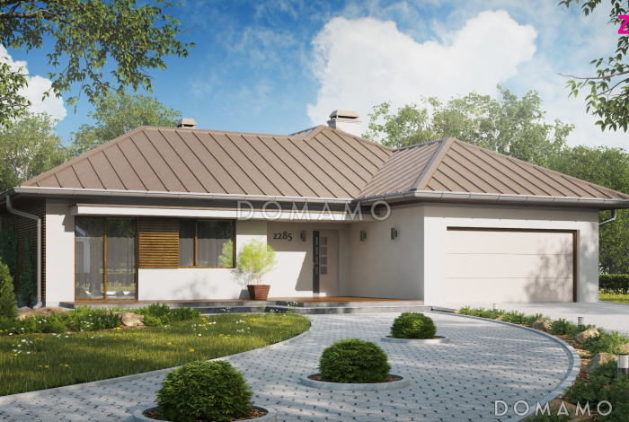 Проект одноэтажного дома из газобетона с большой угловой террасой и гаражом на два автомобиля