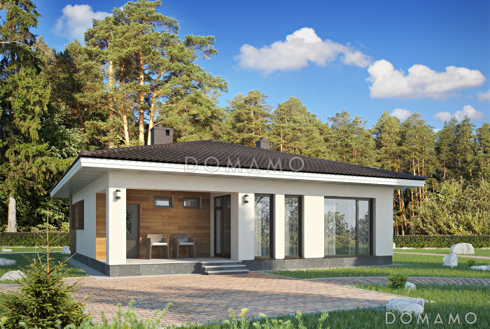 Проект одноэтажного дома из СИП панелей с тремя спальнями и крытой террасой