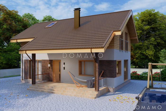 Проект компактного одноэтажного дома с мансардной и четырьмя спальнями