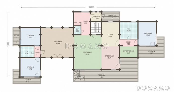 Проект дома из клееного бруса с необычной планировкой / План 1 этажа