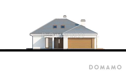 Проект одноэтажного дома из кирпича со свободной планировкой на мансардном этаже и с большим гаражом и техническим помещением / Фасад 2