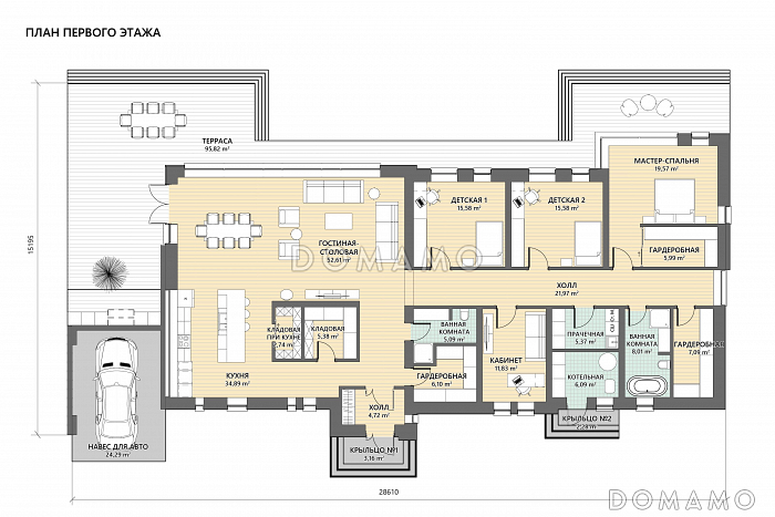 Проект современного каркасного дома с длинной террасой, навесом для автомобиля и тремя спальнями / План 1 этажа