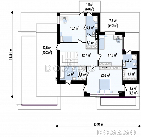 Проект загородного дома с подвалом, гаражом, кладовой в центре кухонной зоны, спальнями с санузлами на втором этаже / План 2 этажа